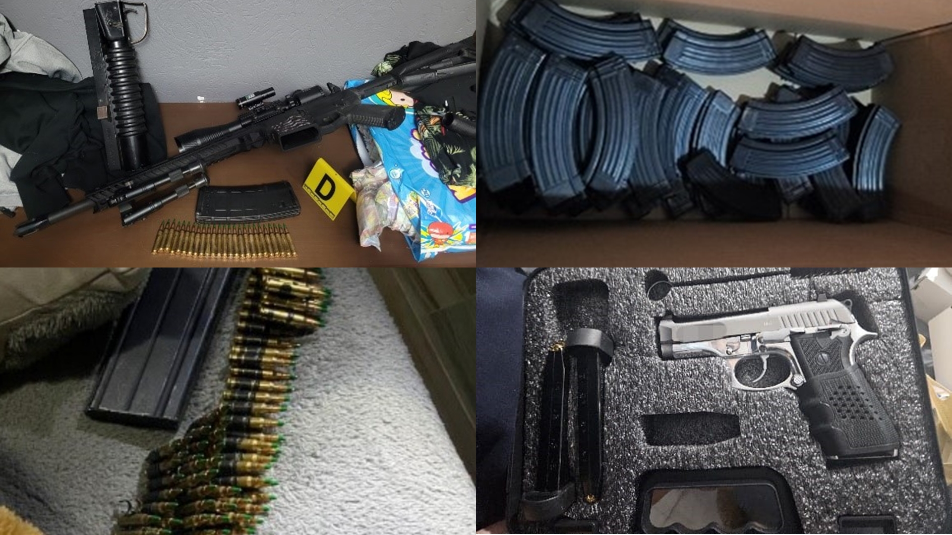 A estas personas se les encontró seis armas de fuego, 25 cargadores, cartuchos de diferentes calibres, bolsas con marihuana, 600 bolsitas con sustancia sólida, entre otras cosas
(Foto: FGR)