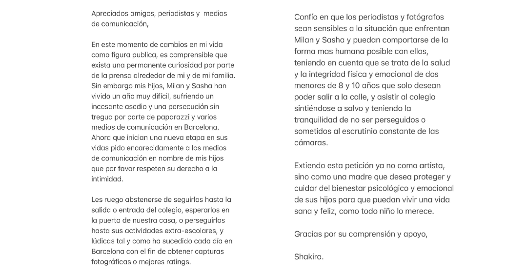 A través de una carta, la cantante colombiana le pidió a los medios de comunicación y periodistas respetar la intimidad de Milan y Sasha. Crédito: @shakira / Twitter