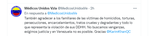 El mensaje compartido por la ONG Médicos Unidos de Venezuela a través de su cuenta en Twitter