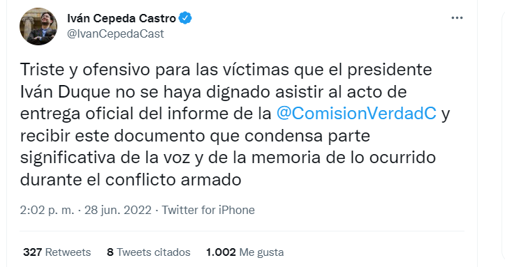 El senador Iván Cepeda, rechazó la inasistencia de Iván Duque a la entrega del informe final de la Comisión de la Verdad
FOTO: vía Twitter (@FelicianoValen)