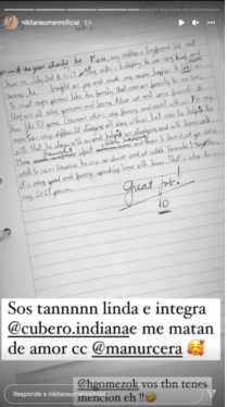La carta que Indiana Cubero escribió sobre Manu Urcera previo a la pelea con Nicole Neumann (Instagram)