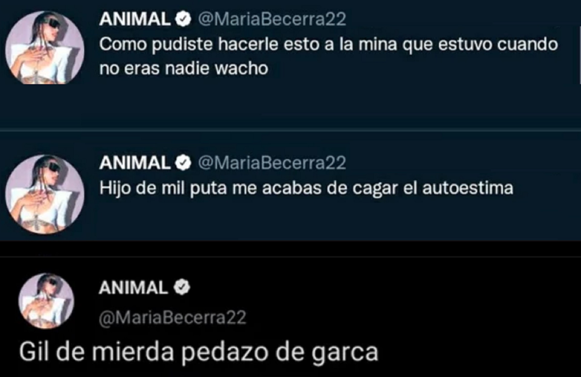 Los tweets de María Becerra contra Rusherking. Horas más tarde, los borró y ofreció una disculpa (Foto: Twitter)