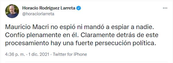 Tuit de Horacio Rodríguez Larreta en apoyo a Mauricio Macri por el procesamiento en la causa por espionaje del ARA San Juan