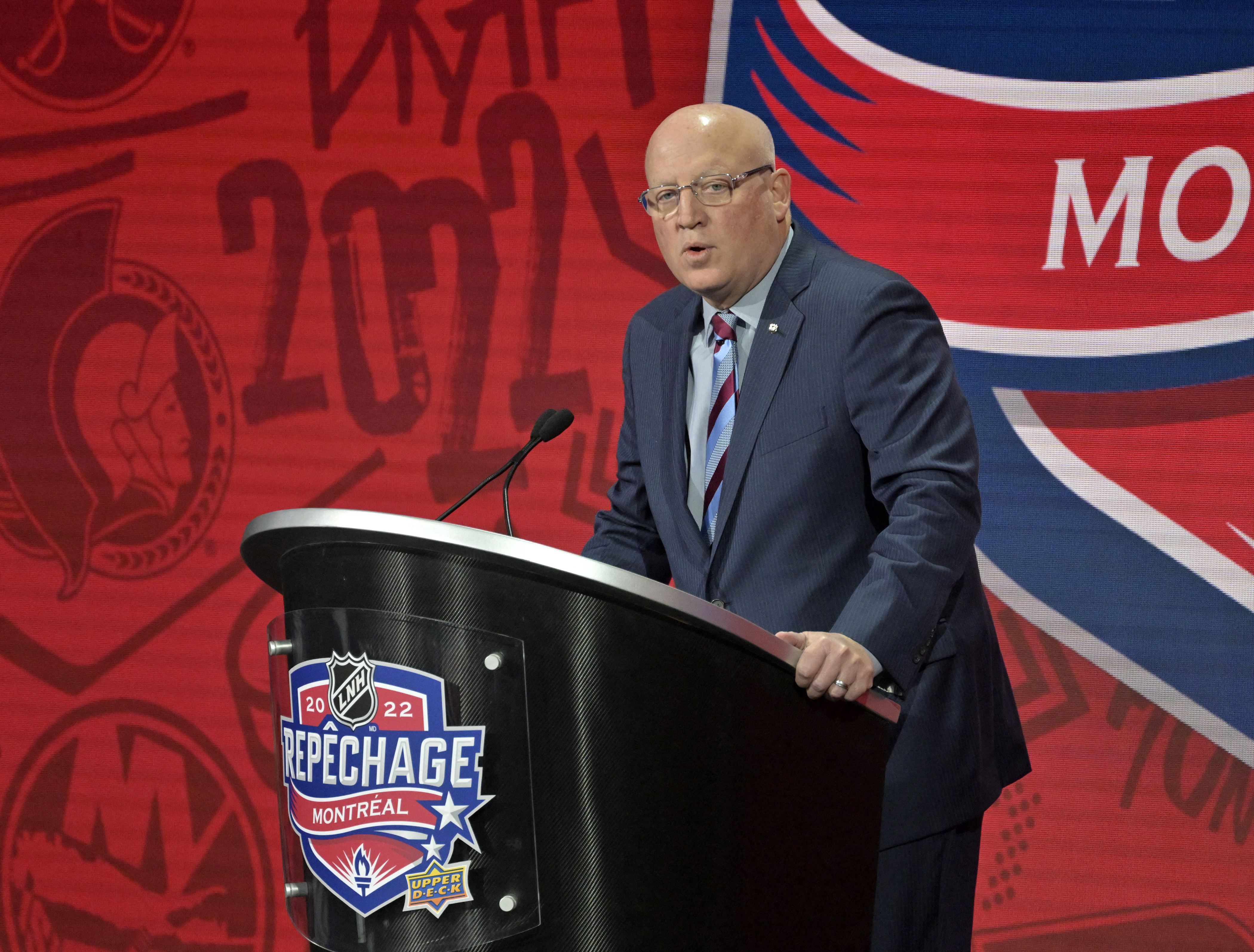 Jul 8, 2022; Montreal, Quebec, CANADA; NHL deputy commissioner Bill Daly in the second round of the 2022 NHL Draft at the Bell Centre. Mandatory Credit: Eric Bolte-USA TODAY Sports