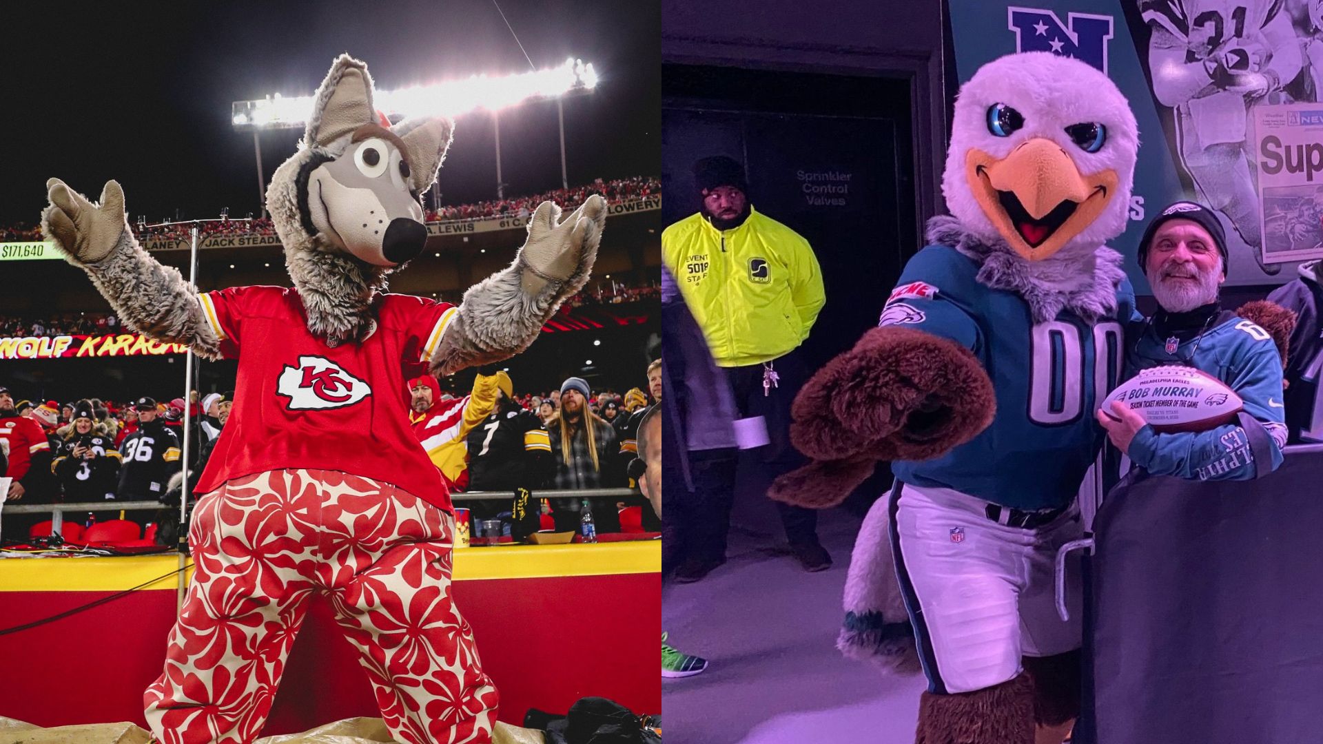 La mascota de los Chiefs inició a apoyar al equipo a finales de la década de 1980, mientras que Swoop de los Eagles comenzó a mediados de los 90 (Facebook KC Wolf y Philadelphia Eagles)