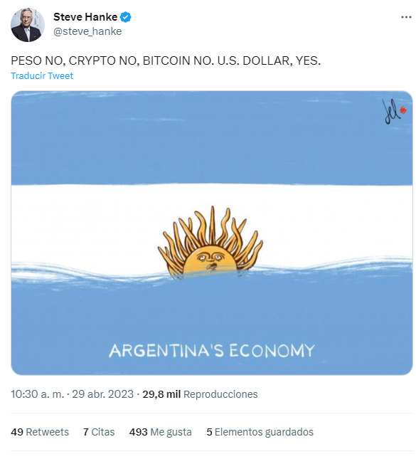 El tweet con el que Hanke ilustró el hundimiento del peso