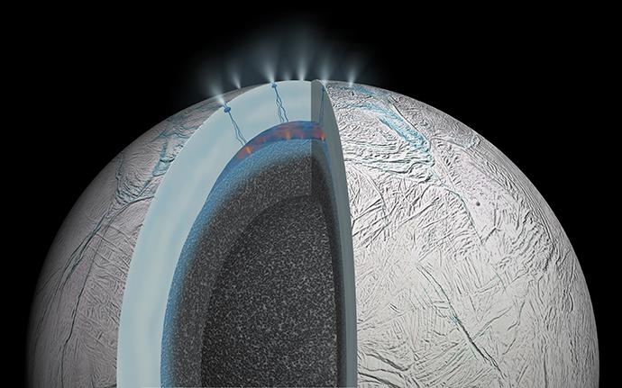 Geisers levantan altas columnas de agua helada en Encelado, la sexta mayor luna de Saturno