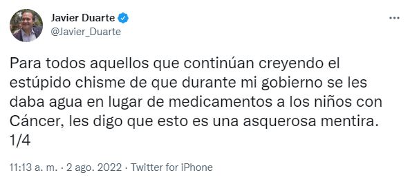 Duarte negó que durante su administración se le proporcionara agua a niños con cáncer (Foto: Twitter)