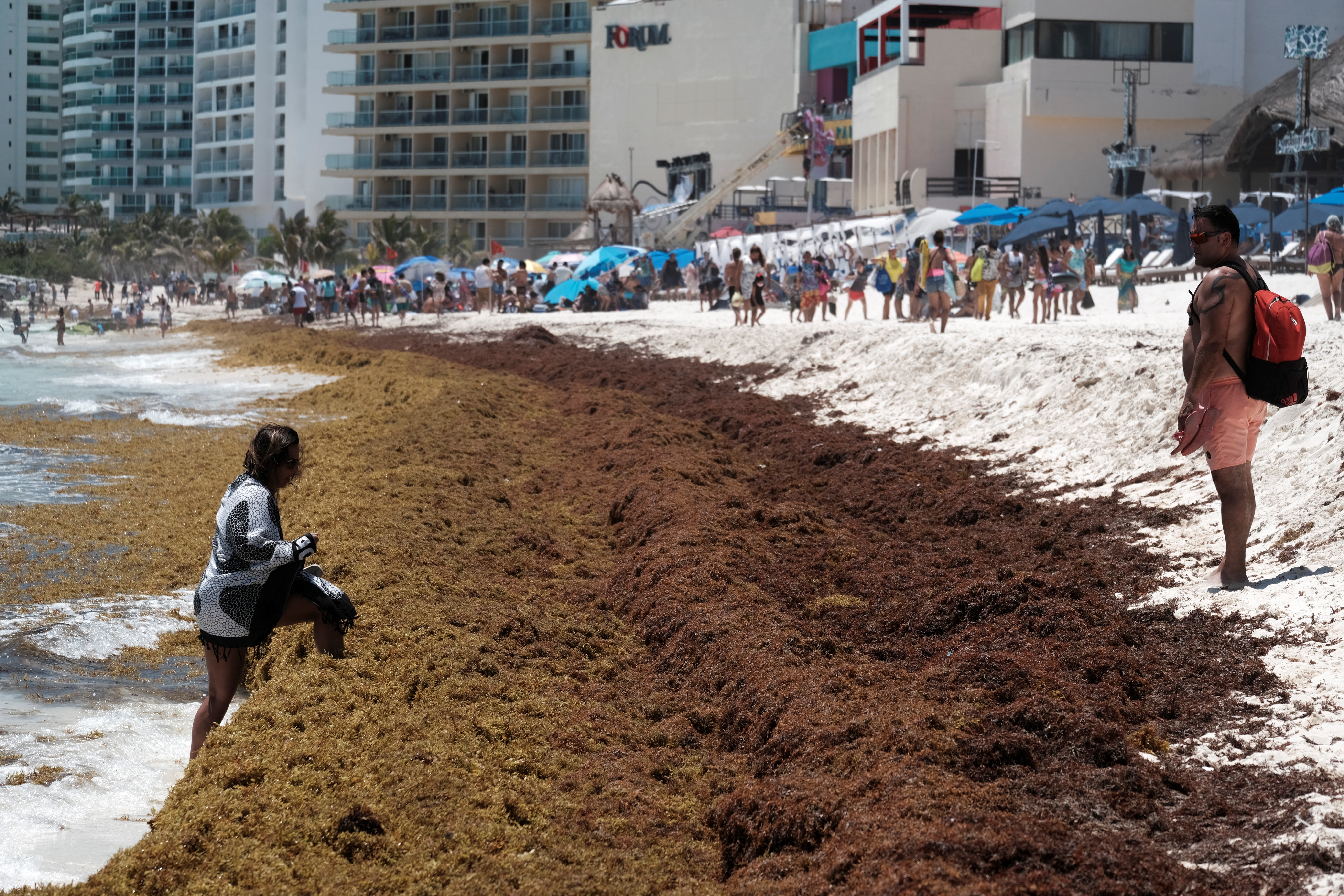 Turistas visitan una playa contaminada con algas sargazo en la playa Gaviota Azul en Cancún, México 3 de abril de 2022. REUTERS/Paola Chiomante/Archivo
