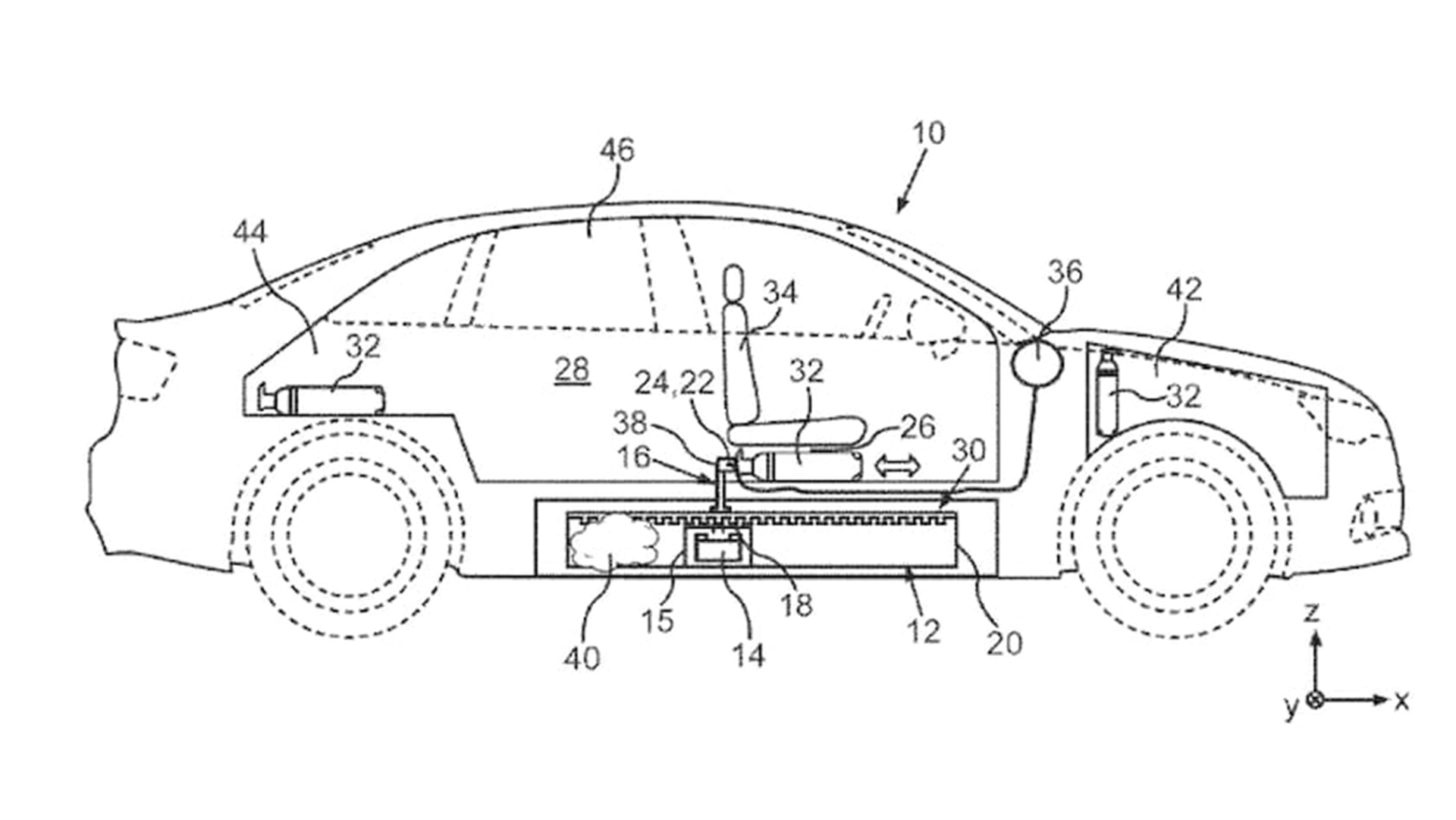 La patente presentada por Audi muestra el sistema de extinción de indendios de la batería, alimentado por un matafuegos externo colocado en el piso del habitáculo