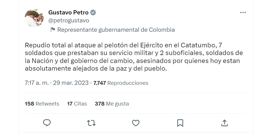 Petro sobre atentando al Ejército en Catatumbo. Twitter.