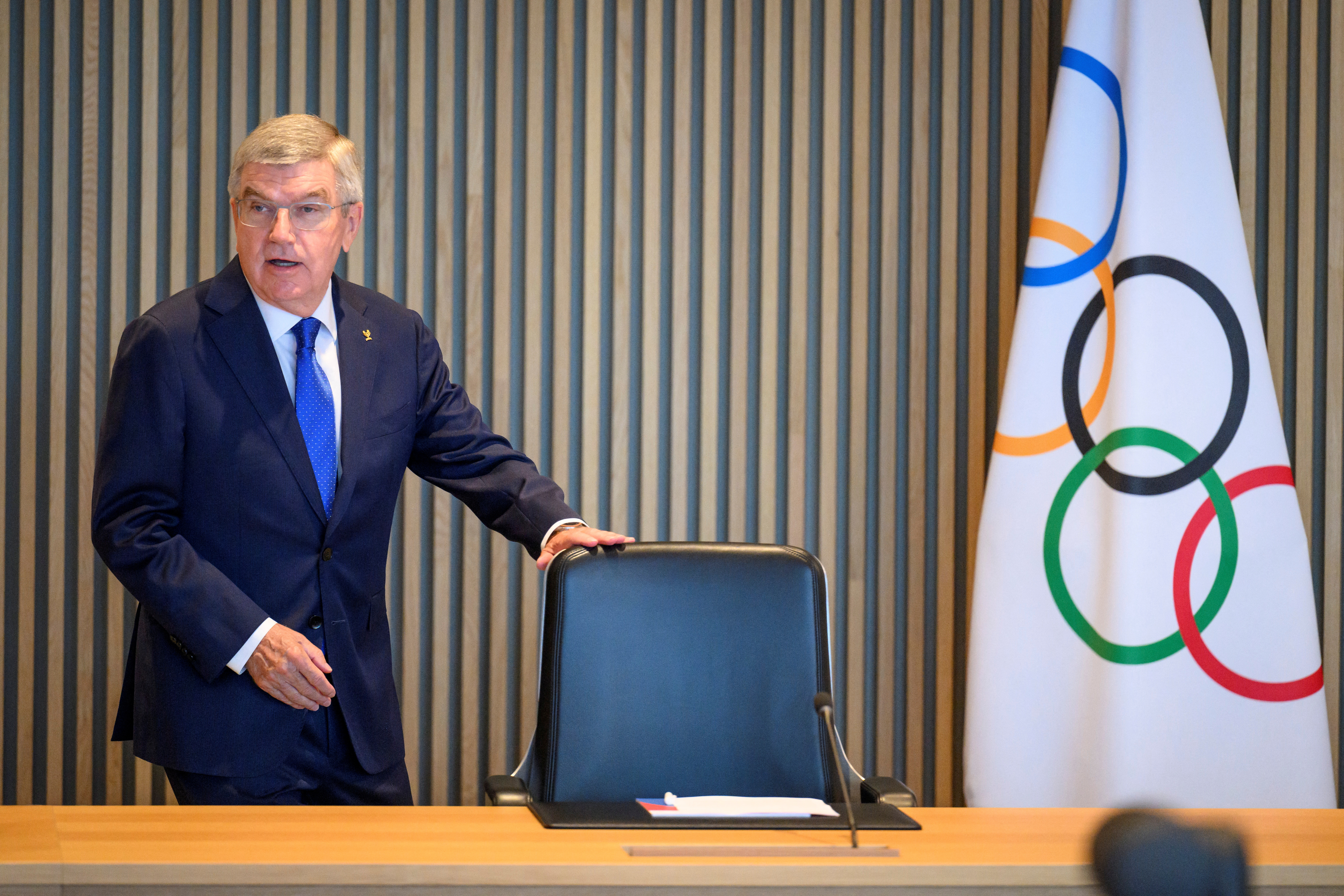 International Olympic Committee (IOC) President Thomas Bach speaks at the opening of the executive board meeting of the International Olympic Committee (IOC), at the Olympic House, in Lausanne, Switzerland September 8, 2022. Laurent Gillieron/Pool via REUTERS