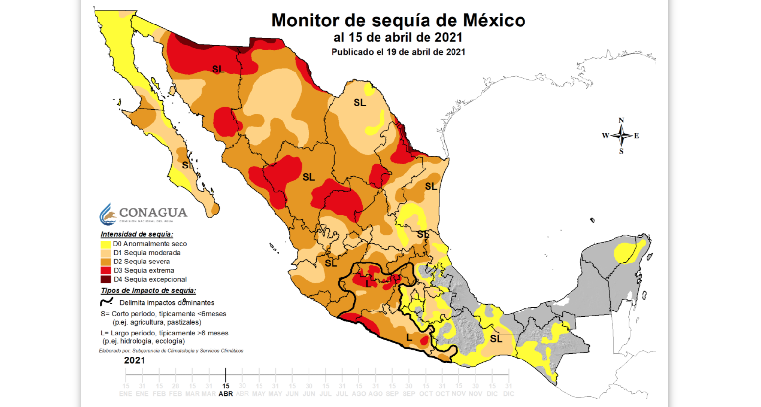 Entre la Sequía en México extrema y excepcional, el mapa mostró las regiones que abarcan los siguientes estados: Sonora, Chihuahua, Coahuila, Nuevo León, Sinaloa, Durango, Zacatecas, Guerrero y Michoacán Foto: (Conagua SMN)
