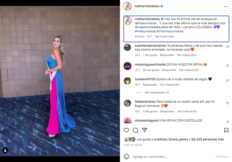 María Fernanda Aristizabal, la colombiana sueña con traer la tercera corona universal para Colombia. Tomada de Instagram @mafearistizabalu