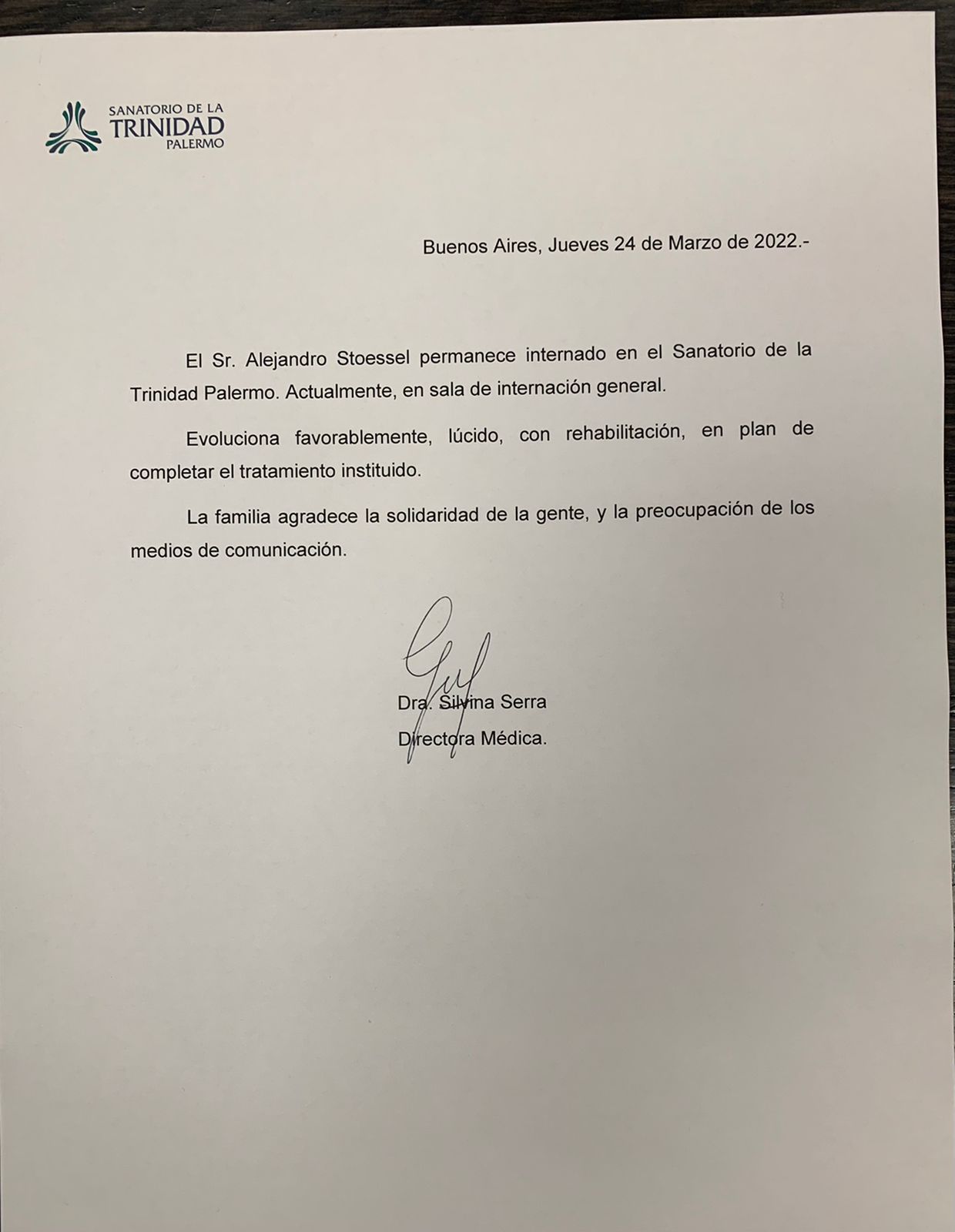Último parte médico de Alejandro Stoessel