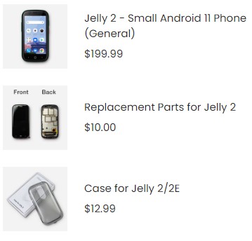 Precios del celular Unihertz Jelly 2 junto a sus componentes y accesorios. (Captura)