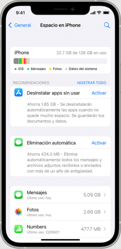 En iPhone también se ofrecen recomendaciones para liberar espacio