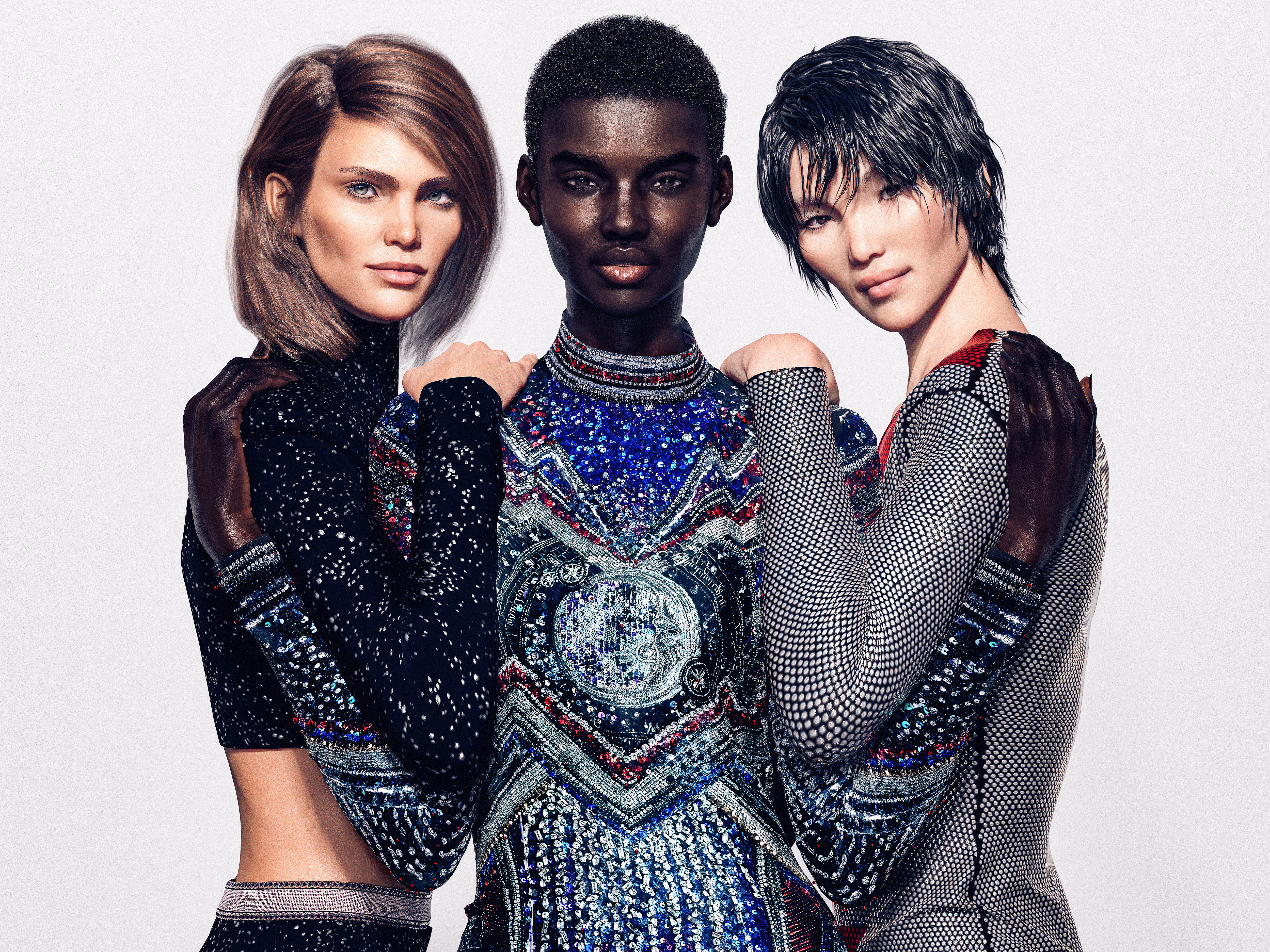 Balmain commissioned former fashion photographer Cameron-James Wilson to create a "virtual army" of digital models, including, from left, Margot, Shudu and Zhi.  (Balmain via The New York Times) 