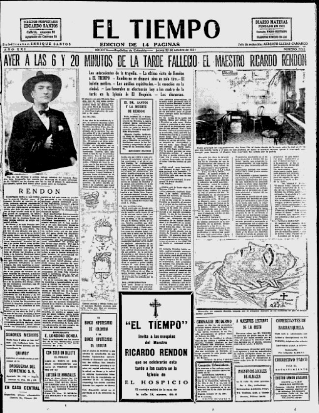 Página del diario El Tiempo del 29 de octubre de 1931, un día después del suicidio del caricaturista. Imagen: Captura de pantalla de news.google.com
