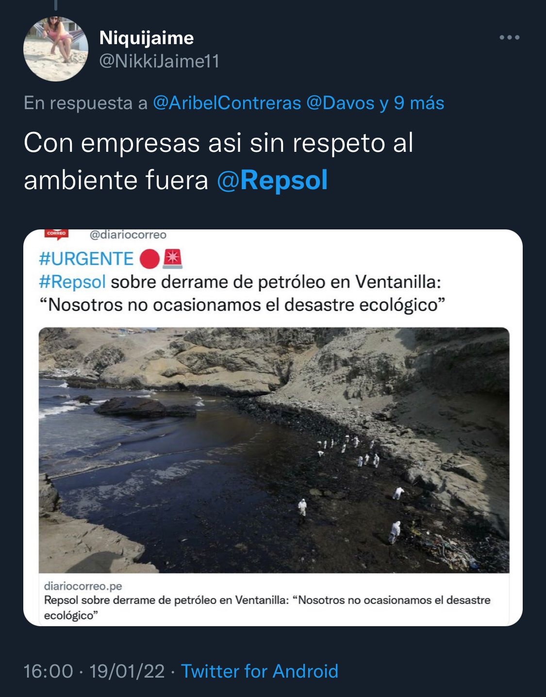 Reacciones de los usuarios en Twitter frente al derrame de petróleo por parte de Repsol. (Foto:Captura)