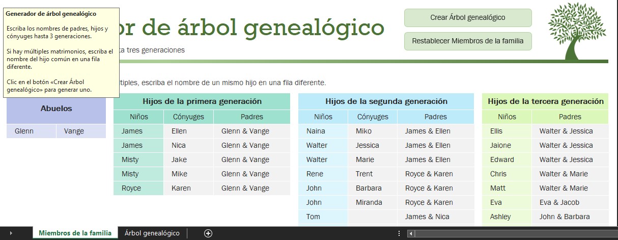Modelo de árbol genealógico en Excel (Captura)