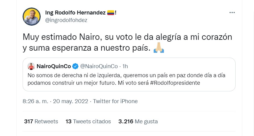 Rodolfo Hernández le responde a Nairo Quintana que está "alegre" tras revelar su voto por él en las elecciones del 29 de mayo.
