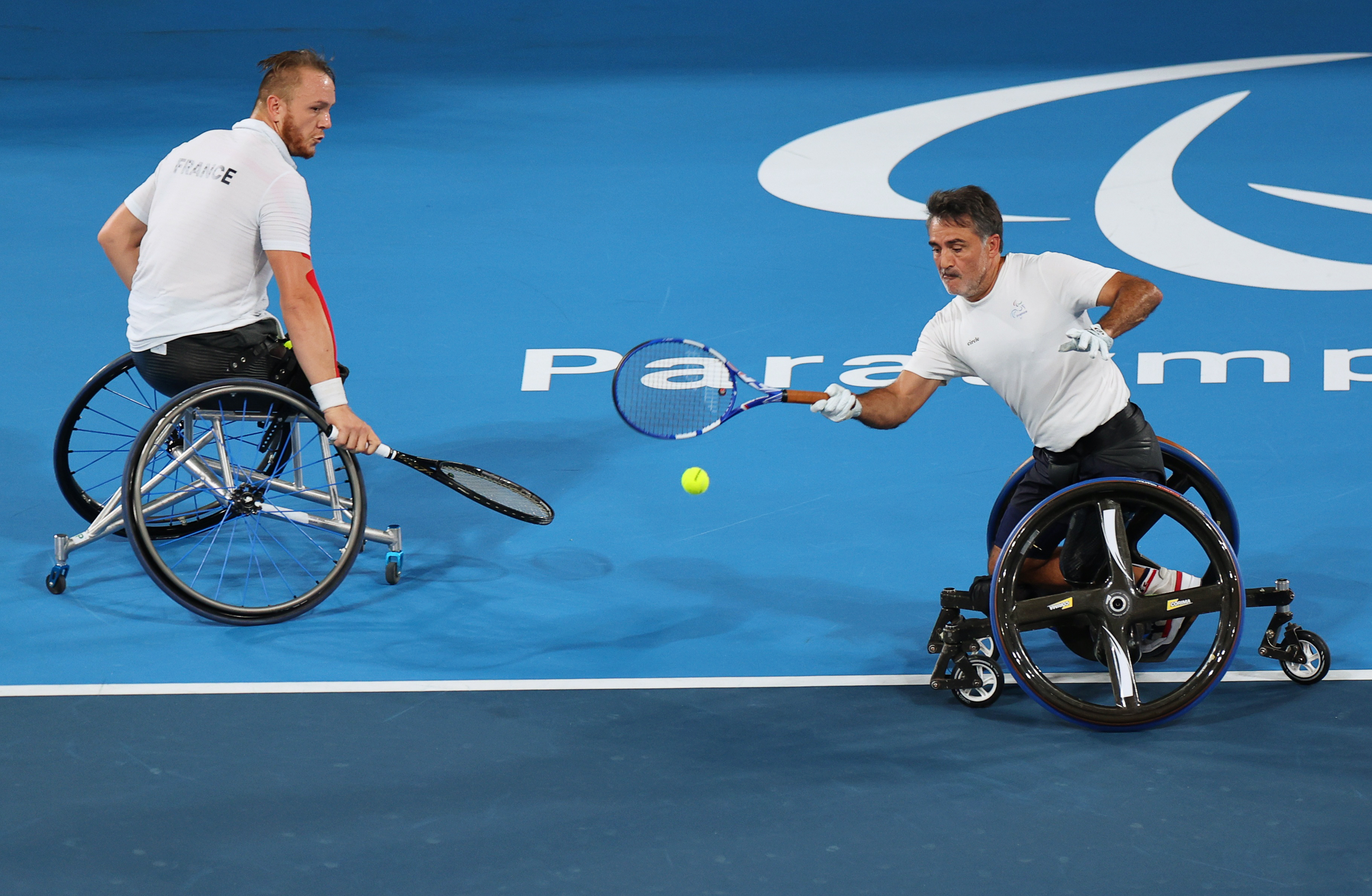 Tokyo 2020 Paralympic Games - Wheelchair Tennis - Men's Doubles Gold Medal Match -  Ariake Tennis Park, Tokyo, Japan - September 3, 2021. Stephane Houdet of France in action during the match with Nicolas Peifer of France against Alfie Hewett of Britain and Gordon Reid of Britain REUTERS/Marko Djurica