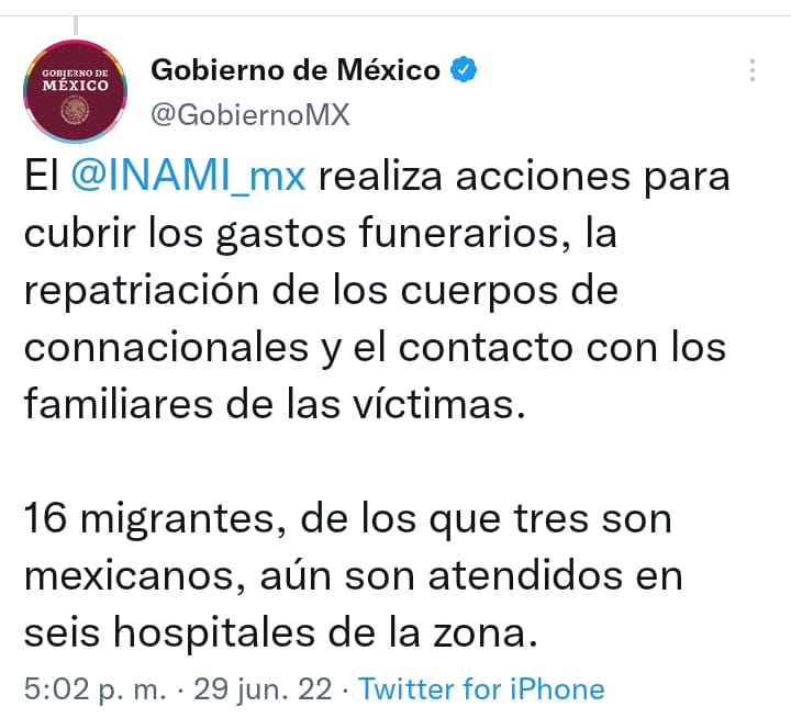 INAMI se encargará de cubrir los gastos funerarios por la muerte de migrantes mexicanos en Texas (Foto: Twitter/@GobiernoMX)