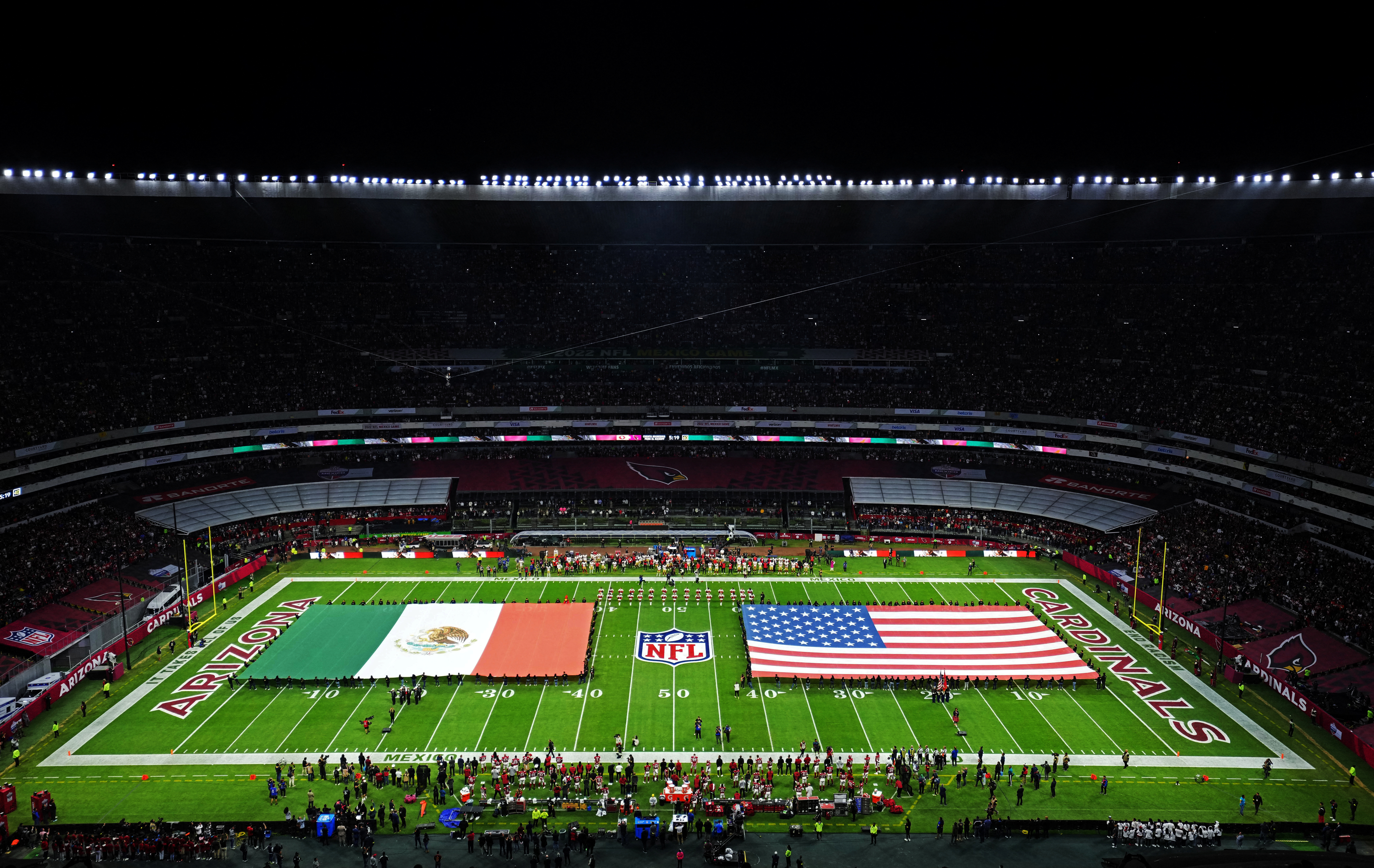 Nov 21, 2022; Mexico City, MEXICO; A general view inside Estadio Azteca as the national anthems are played prior to the Monday Night Football game between the Arizona Cardinals and the San Francisco 49ers. Mandatory Credit: Kirby Lee-USA TODAY Sports     TPX IMAGES OF THE DAY