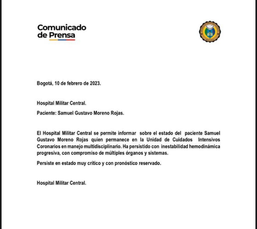 Este es el comunicado que emitió el Hospital Militar Central confirmando el pronóstico reservado del exalcalde de Bogotá.