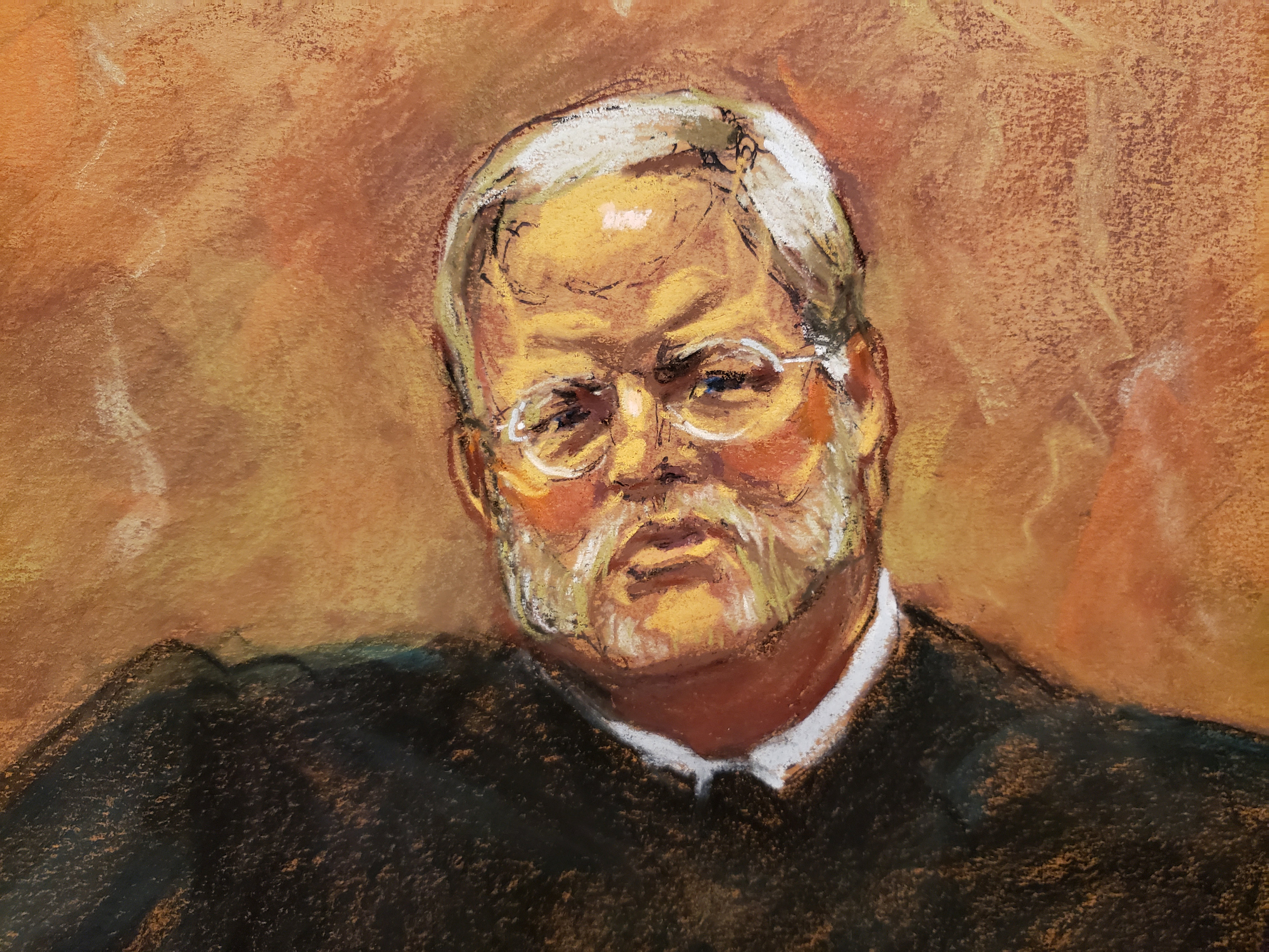 U.S. District Judge Brian Cogan is seen in this courtroom sketch, presiding on the day the accused Mexican drug lord Joaquin "El Chapo" Guzman was found guilty of smuggling tons of drugs to the United States, in Brooklyn federal court in New York, U.S., February 12, 2019.   REUTERS/Jane Rosenberg   NO RESALES. NO ARCHIVES