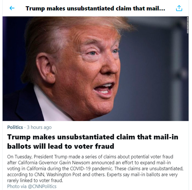 "Trump hace una denuncia sin fundamentos de que los votos por correo conducirán a un fraude electoral", señaló el factchecking de Twitter en una página que armó sobre los dichos del mandatario