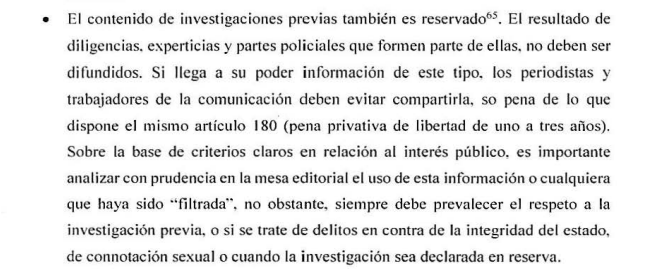 El texto sobre la filtración de información inscrito en la Guía elaborada por la Fiscalía de Ecuador.
