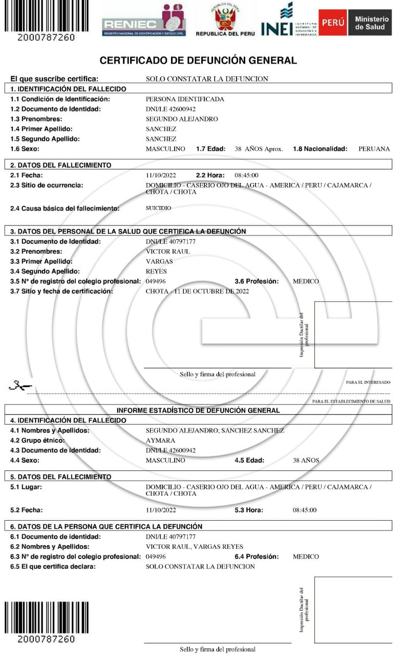 Acta De Defunción De Alejandro Sánchez Supuestamente Murió En Chota El