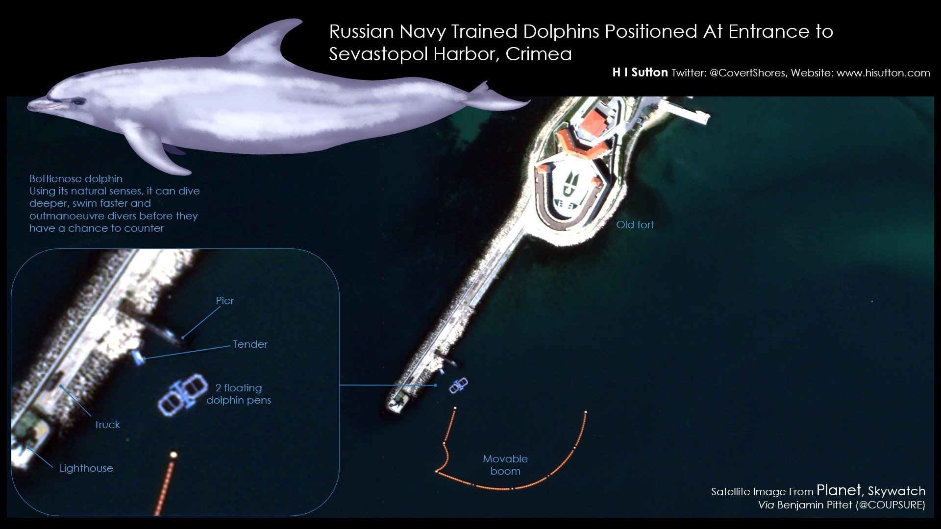 Ilustración de HI Sutton para USNI News donde se analizan las imágenes de satélite que mostrarían la presencia de delfines entrenados por los rusos en Sebastopol.