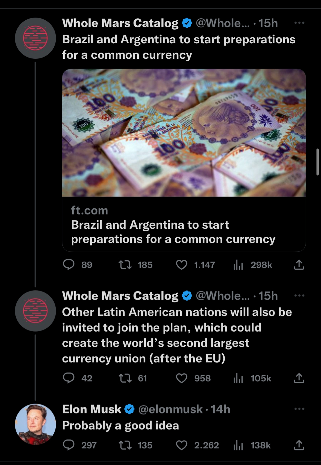 La opinión de Elon Musk sobre la posible moneda común entre Brasil y Argentina 