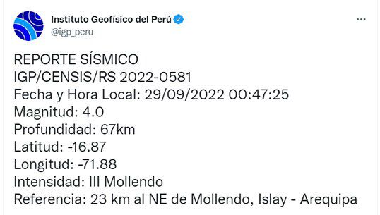 Temblor de 4.0 en Arequipa, hoy jueves 29 de setiembre (IGP).
