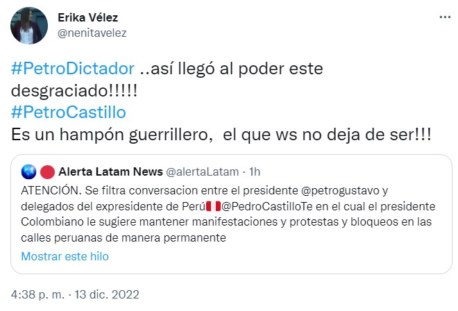 Mensajes en contra de Gustavo Petro con el hashtag #PetroDictador