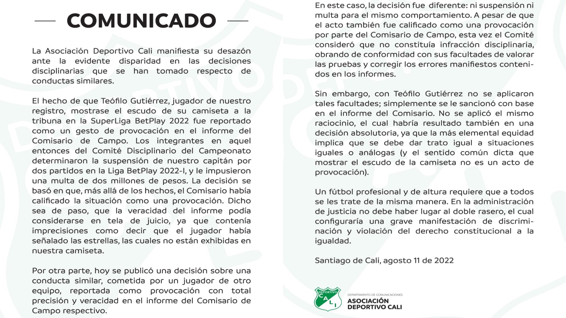 Comunicado del Deportivo Cali sobre la sanción a Teófilo Gutiérrez por supuesta provocación en la Superliga BetPlay 2022 / (Twitter: @AsoDeporCali)