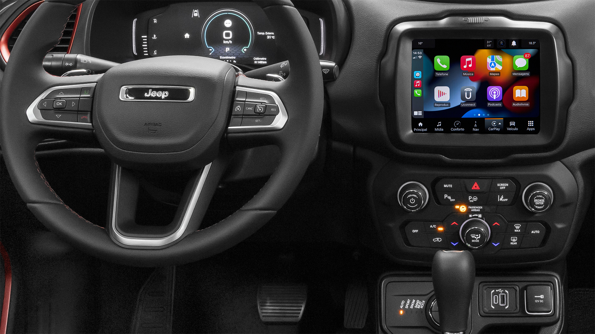 Fresh interior on the Trailhawk, including a steering wheel inherited from its older sister, the Jeep Compass