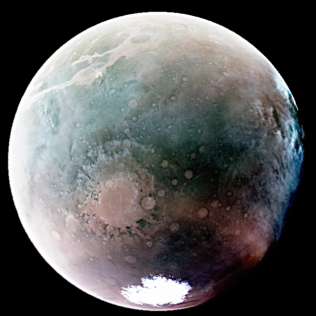 La cuenca de Argyre, uno de los cráteres más profundos de Marte, aparece en la parte inferior izquierda llena de neblina atmosférica (NASA)
