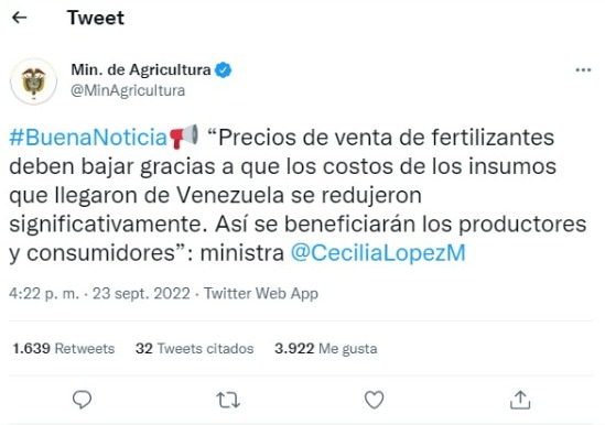 Cecilia López, ministra de Agricultura, anunció que los insumos se van a importar de Venezuela a Colombia.