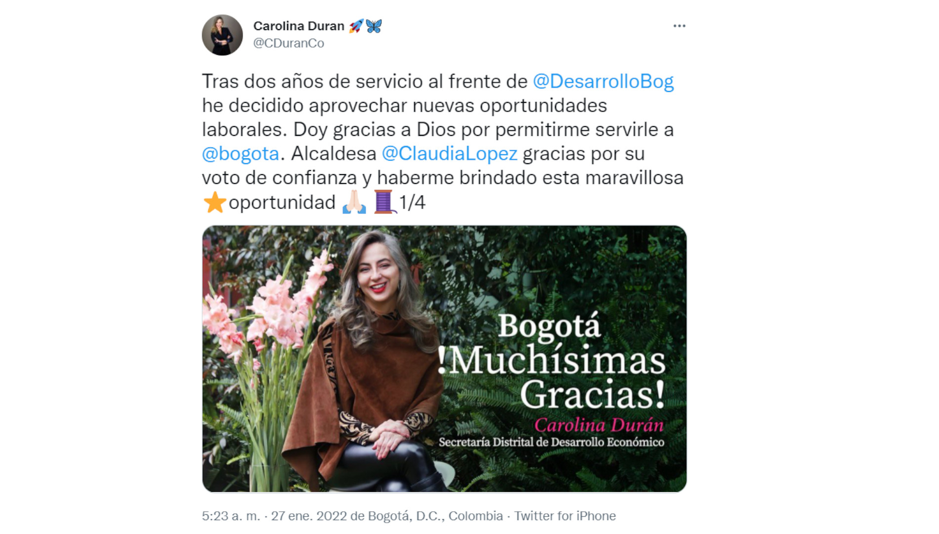Carolina Durán anunció por Twitter que dejaba su cargo en la Secretaria de Desarrollo Económico. Foto: Tomado de Twitter