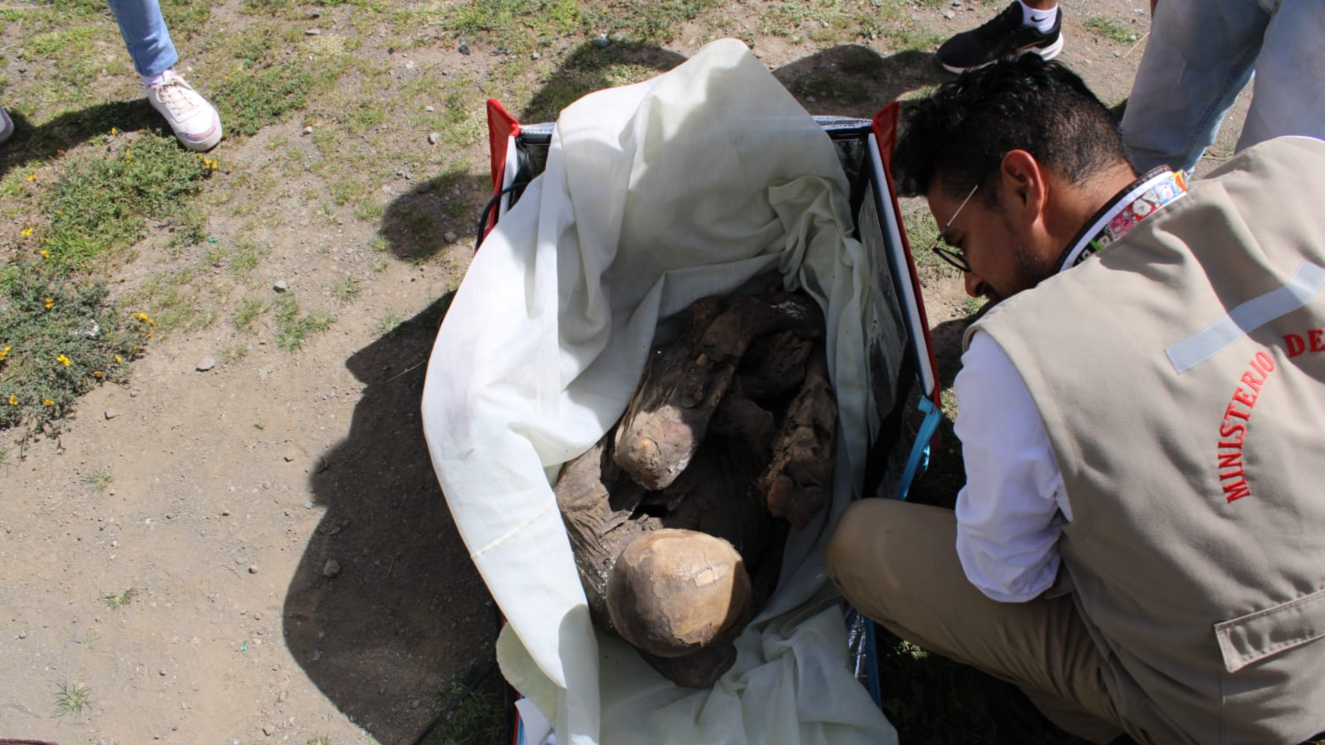 Momia que era cargada en bolsa de repartidor de delivery fue recuperada por el Ministerio de Cultura.
Foto: Difusión