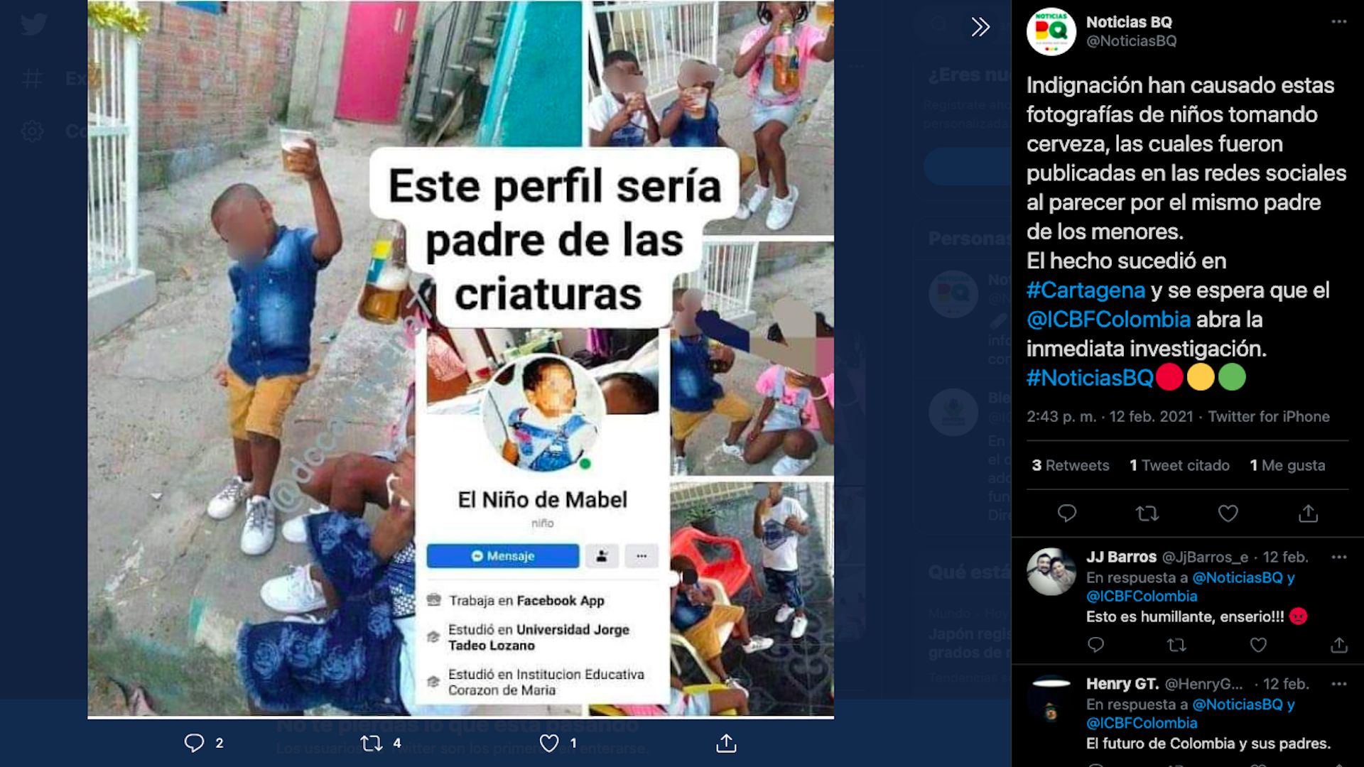 Menores de edad en Cartagena habrían sido fotografiados por su padre mientras aparentemente bebían cerveza / (Twitter: @NoticiasBQ).