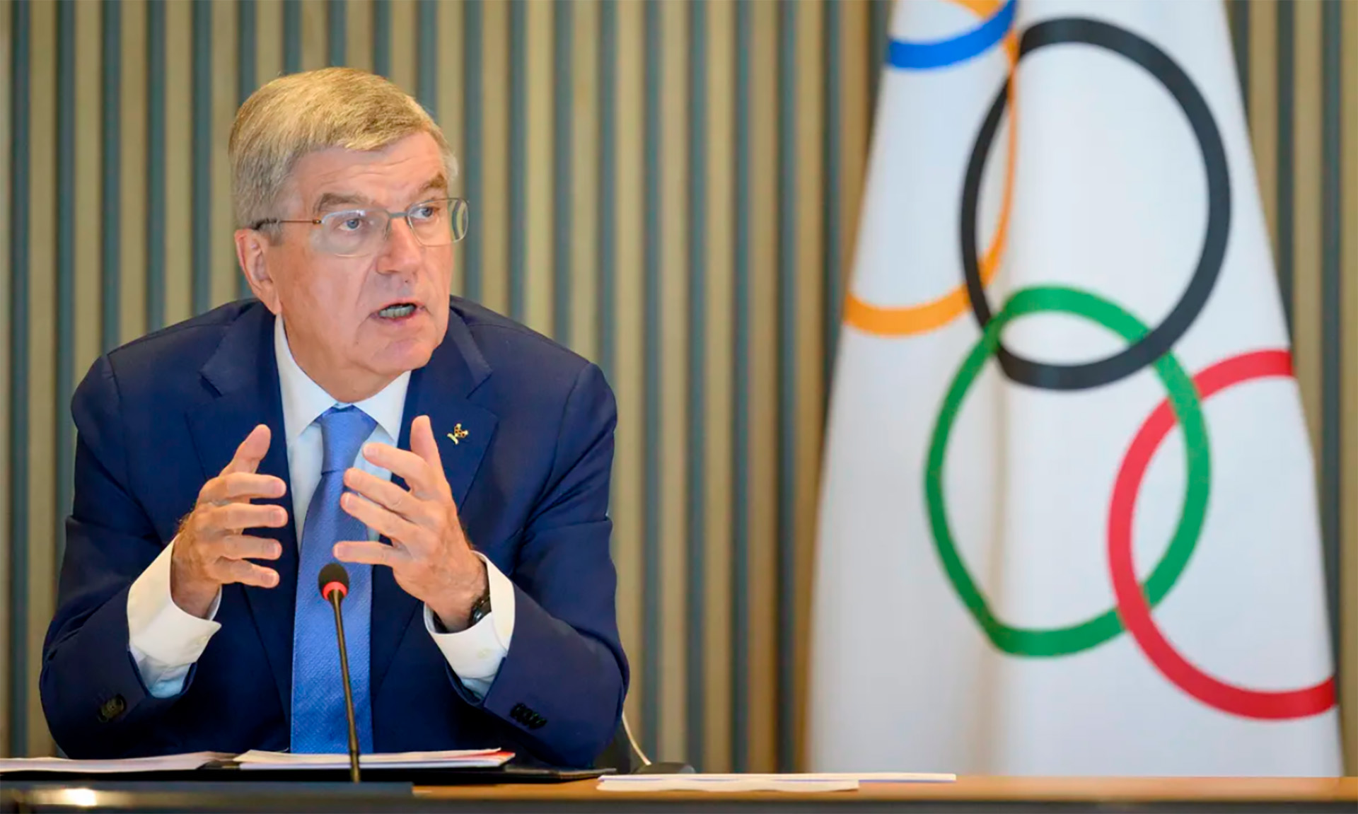 Thomas Bach speaks during the meeting of the IOC Executive Committee in Lausanne, Switzerland. Laurent Gillieron/Keystone via AP