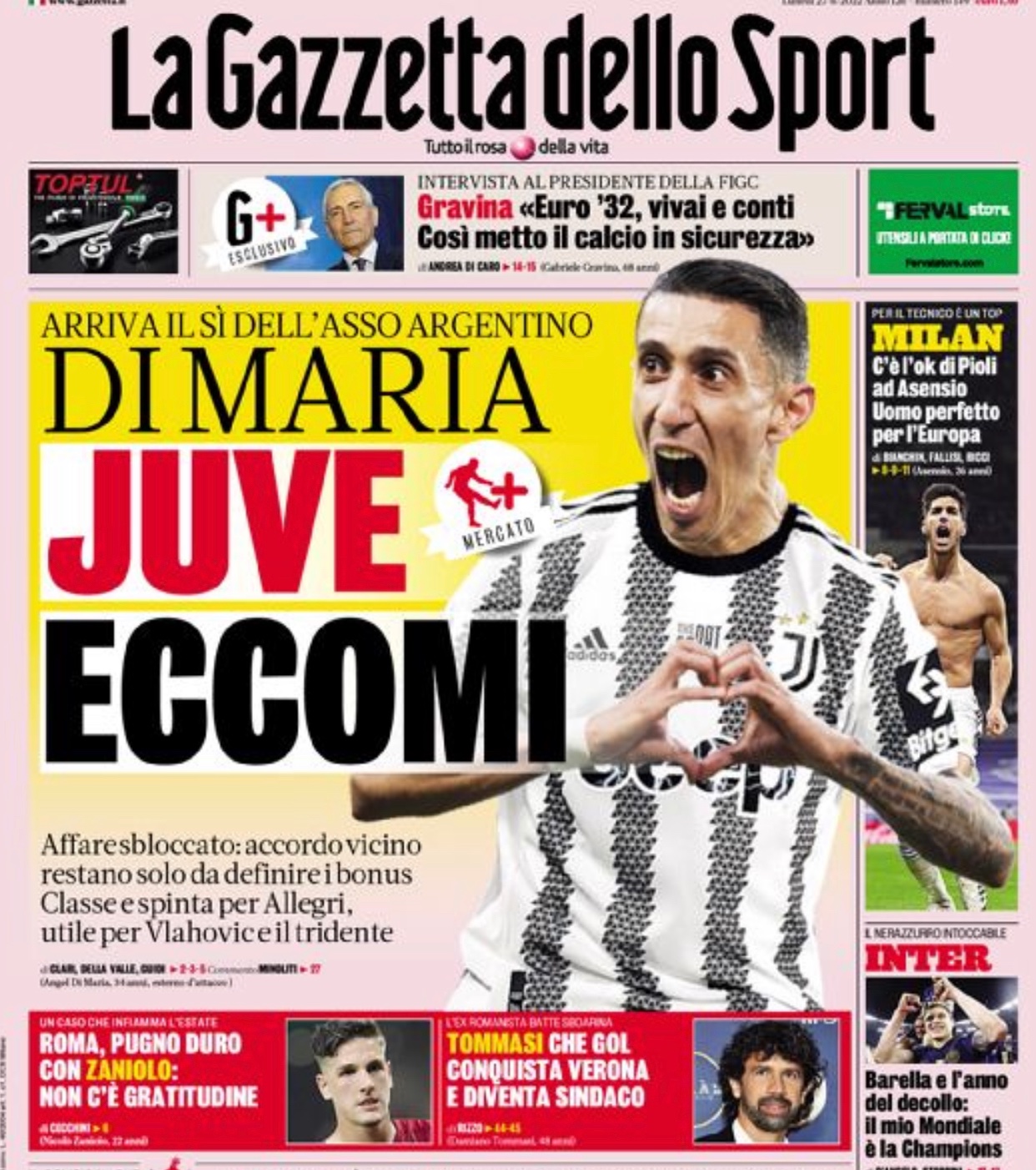 La portada del diario italiano que informa la llegada de Di María a Juventus