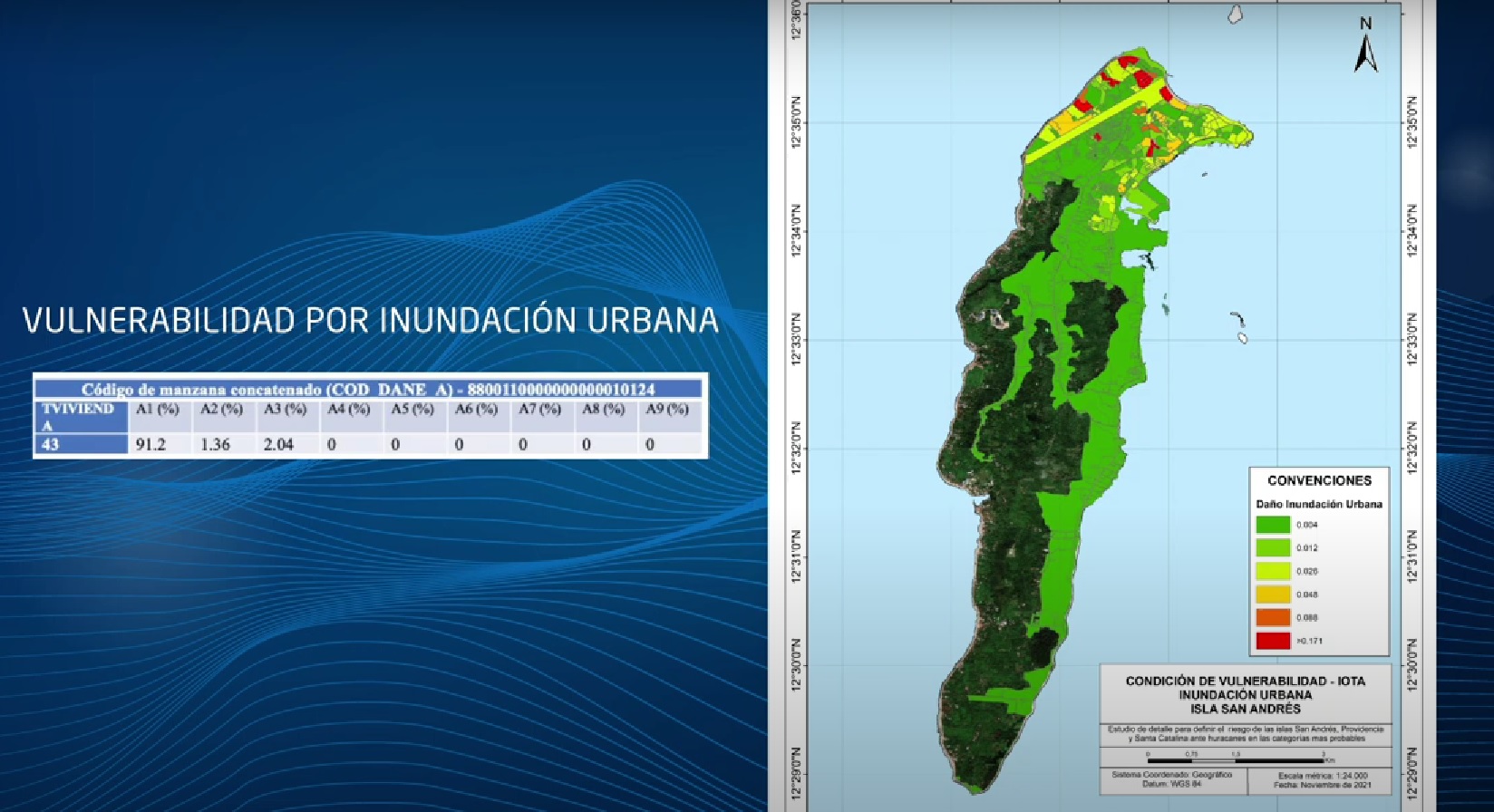 Mapa de la población vulnerable en San Andrés ante una inundación. Foto: Universidad Nacional