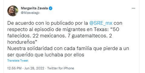 En un tweet diferente, Margarita Zavala envió sus condolencias a las familias de los 22 migrantes mexicanos fallecidos. (Fotos: captura de pantalla)