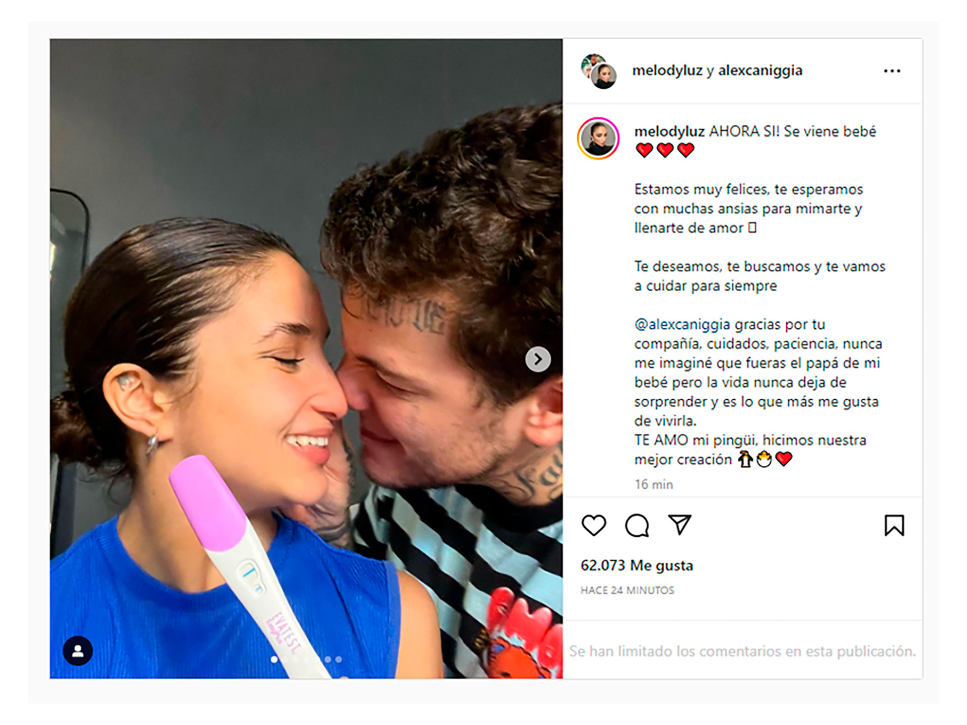 El posteo conjunto de Alex Caniggia y Melody Luz en Instagram